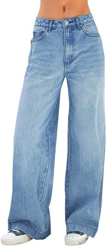 Women's 2026 Wide Leg Jeans Distress Mid Waist Denim Pants Vintage Y2K Trousers